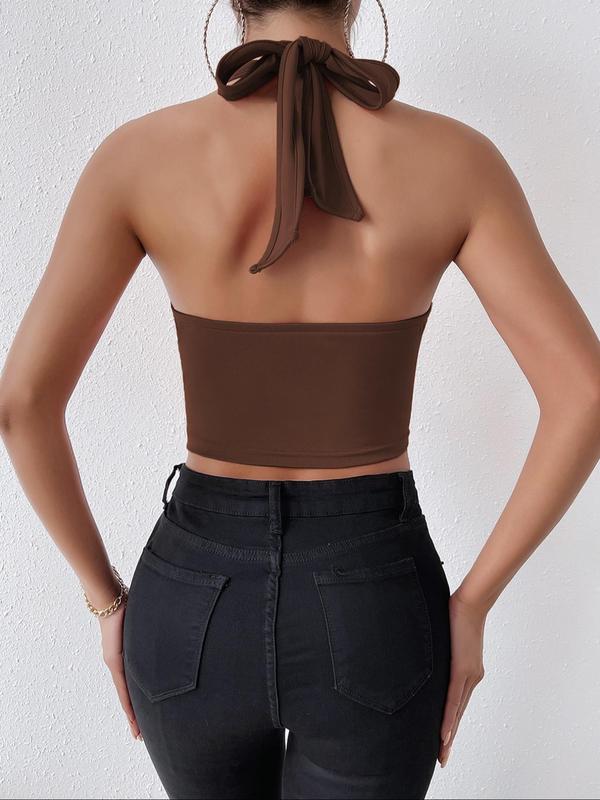 Women's Solid Color Asymmetrical Hem Tie Back Halter Crop Tank Top, Summer Clothes Women, Casual Sleeveless Backless Top for Summer, Ladies Clothes for Daily Wear